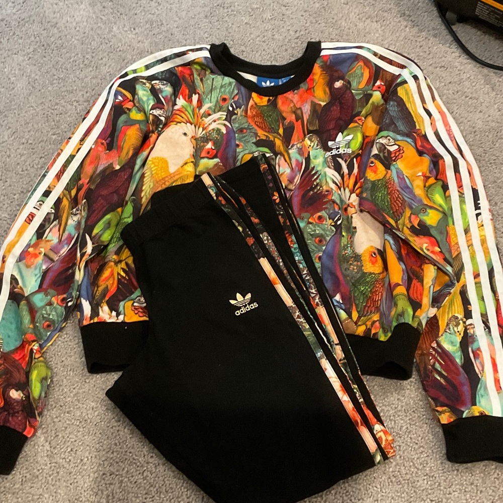 Adidas Multicolor Parrot Print sweatshirt size M and leggings size S